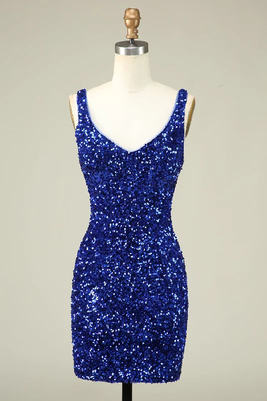 Ballroom Style Satin Dresses for Ladies' Special OccasionsStylish Sheath V Neck Royal Blue Sequins Short Homecoming Dress Ballroom Style Satin Dresses for Ladies' Special OccasionsStylish Sheath V Neck Royal Blue Sequins Short Homecoming Dress