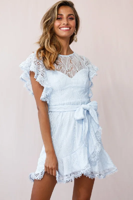 Casual Cotton Sundresses for Ladies with Floral PrintsTaya Ruffle Shoulder Waist Tie Dress Steel Blue Casual Cotton Sundresses for Ladies with Floral PrintsTaya Ruffle Shoulder Waist Tie Dress Steel Blue