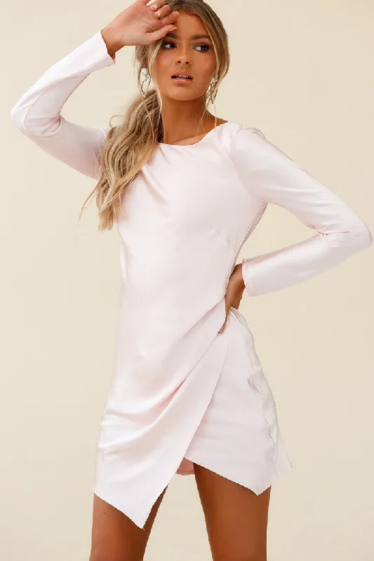 Dresses with Ruffled Sleeves and High Neck for Ladies' Dramatic and Elegant LookThank Me Later Long Sleeve Open Back Dress Baby Pink Dresses with Ruffled Sleeves and High Neck for Ladies' Dramatic and Elegant LookThank Me Later Long Sleeve Open Back Dress Baby Pink