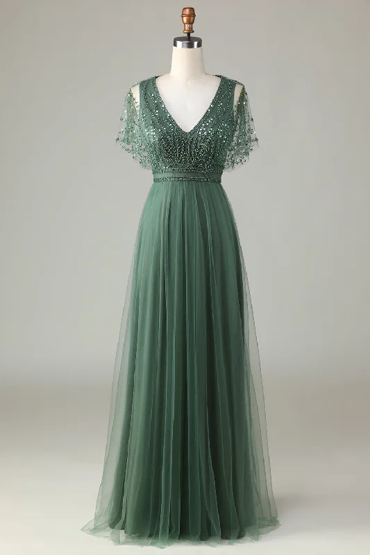Embroidered Silk Dresses for Ladies' Elegant TouchTulle A-Line Beaded Eucalyptus Bridesmaid Dress with Sequins Embroidered Silk Dresses for Ladies' Elegant TouchTulle A-Line Beaded Eucalyptus Bridesmaid Dress with Sequins