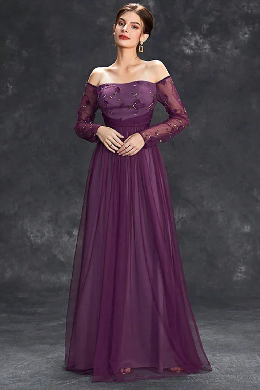 Gothic Style Dresses for Ladies with Black Lace AccentsDark Purple Tulle Off The Shoulder Formal Dress with Sleeves Gothic Style Dresses for Ladies with Black Lace AccentsDark Purple Tulle Off The Shoulder Formal Dress with Sleeves