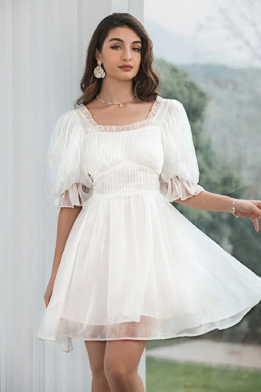 Dresses with Ruffled Sleeves and High Neck for Ladies' Dramatic and Elegant LookCute Tulle Pleated White Graduation Dress with Lace-up Back Dresses with Ruffled Sleeves and High Neck for Ladies' Dramatic and Elegant LookCute Tulle Pleated White Graduation Dress with Lace-up Back
