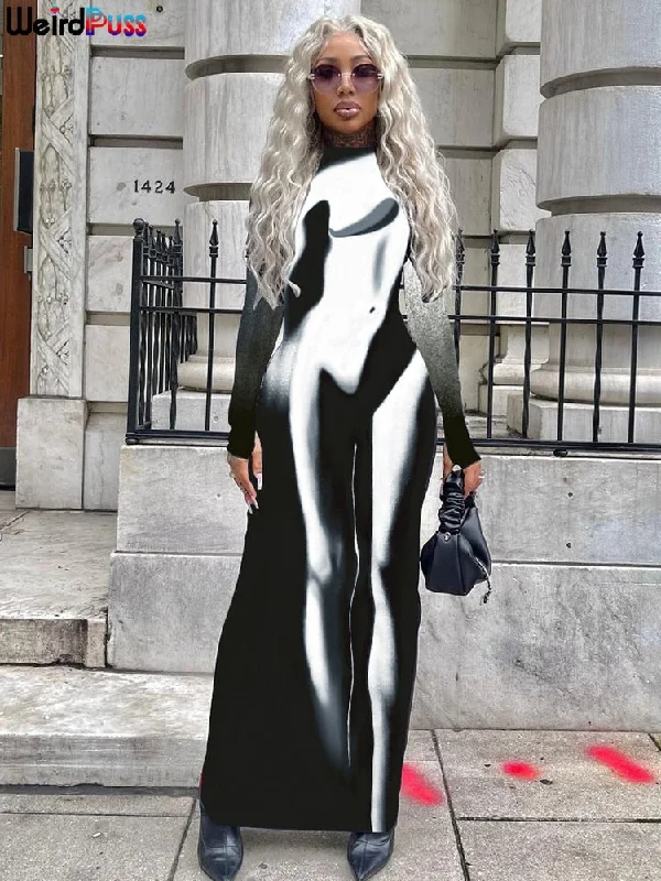 Maxi Dresses with Double - Layered Skirts for a Flowing EffectFashionSierra - Weird Puss Gradient Women Maxi Dress Skinny Stretchy Long Sleeve O-Neck Trend Bodycon