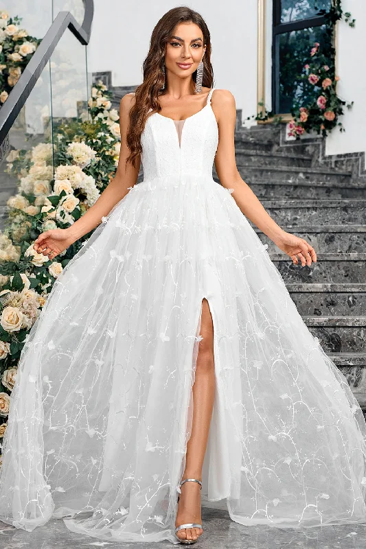 Dresses with Embroidered Tribal Patterns and Satin Sash for Ladies' Cultural and Glamorous LookWhite A-Line Spaghetti Straps Appliques Tulle Long Wedding Party Dress with Slit Dresses with Embroidered Tribal Patterns and Satin Sash for Ladies' Cultural and Glamorous LookWhite A-Line Spaghetti Straps Appliques Tulle Long Wedding Party Dress with Slit
