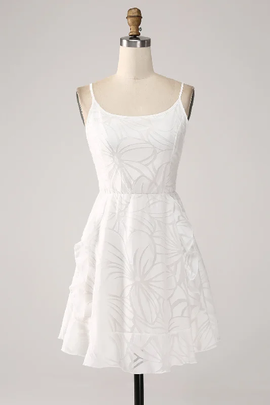 Dresses with Tulle Overlay and Beaded Bodice for Ladies' Dramatic and Graceful LookModest White A-Line Spaghetti Straps Short Graduation Dress Dresses with Tulle Overlay and Beaded Bodice for Ladies' Dramatic and Graceful LookModest White A-Line Spaghetti Straps Short Graduation Dress