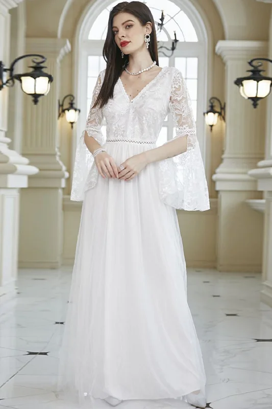 Dresses with Sequined Star Motifs for Ladies' Celestial and Elegant LookWhite A-Line V Neck Lace Bell Sleeves Long Wedding Party Dress Dresses with Sequined Star Motifs for Ladies' Celestial and Elegant LookWhite A-Line V Neck Lace Bell Sleeves Long Wedding Party Dress