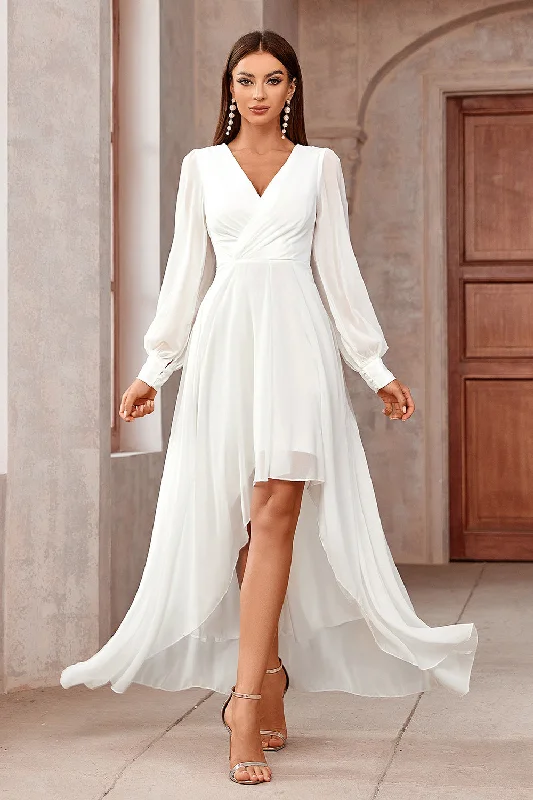 Dresses with Embroidered Birds and Sequined Floral Motifs and Satin and Lace Combo for Ladies' Nature Inspired and Romantic LookWhite A-Line Wrap Long Sleeves High-Low Party Dress Dresses with Embroidered Birds and Sequined Floral Motifs and Satin and Lace Combo for Ladies' Nature Inspired and Romantic LookWhite A-Line Wrap Long Sleeves High-Low Party Dress