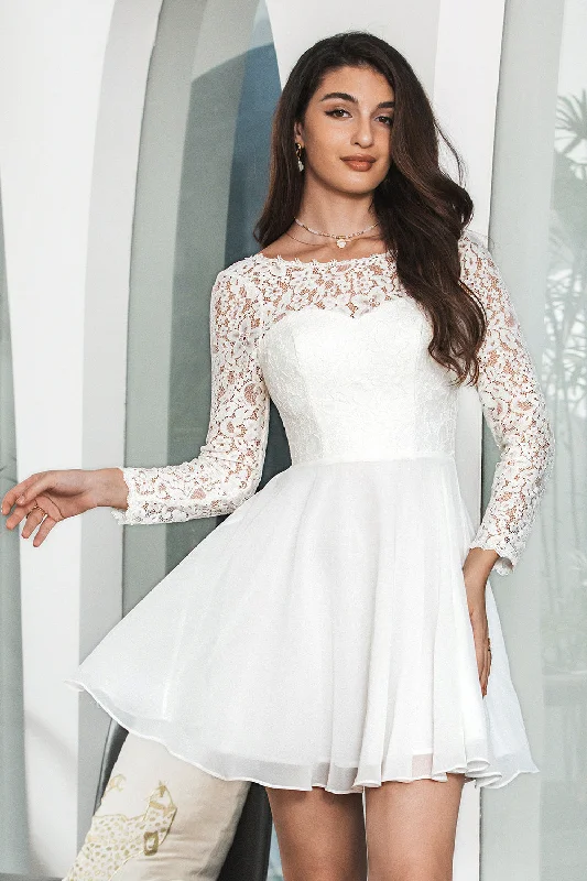 Dresses with Satin Trimmed Collar and Bow Back for Ladies' Classic and Intricate LookCute White Bateau Long Sleeves Backless Short Graduation Dress Dresses with Satin Trimmed Collar and Bow Back for Ladies' Classic and Intricate LookCute White Bateau Long Sleeves Backless Short Graduation Dress
