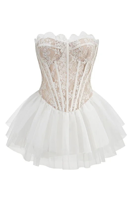 Dresses with Satin and Lace Trimmed Neckline and Ruffled Sleeves for Ladies' Sophisticated and Girly LookWhite Lace A-Line Strapless Corset Strapless Tiered Short Party Dress Dresses with Satin and Lace Trimmed Neckline and Ruffled Sleeves for Ladies' Sophisticated and Girly LookWhite Lace A-Line Strapless Corset Strapless Tiered Short Party Dress