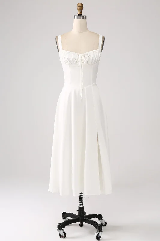 Sleeveless Georgette Dresses for Ladies with Printed PatternsWhite Midi Graduation Dress with Lace-up Back Sleeveless Georgette Dresses for Ladies with Printed PatternsWhite Midi Graduation Dress with Lace-up Back