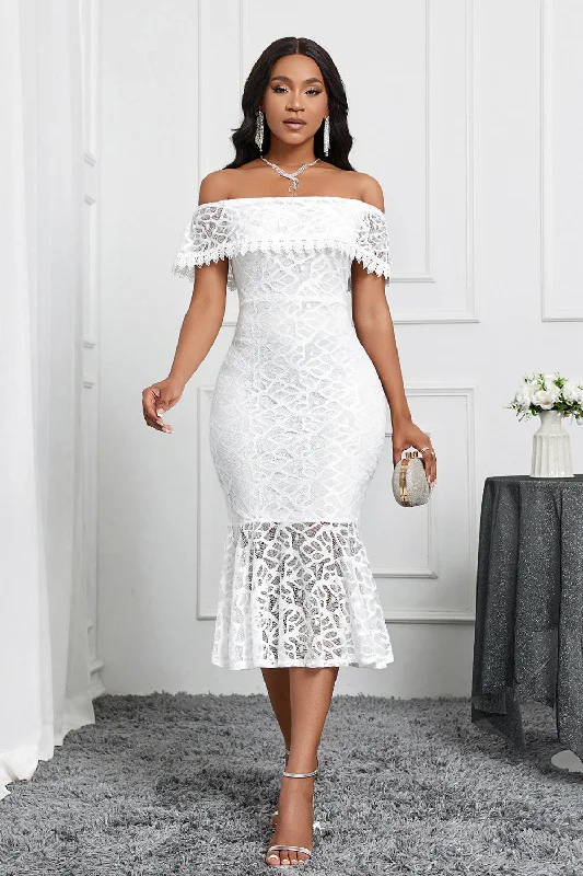 Dresses with Lace Insertions on the Skirt and Beaded Waistband for Ladies' Feminine and Glamorous LookWhite Off the Shoulder Mermaid Ruffle Tea Length Party Dress Dresses with Lace Insertions on the Skirt and Beaded Waistband for Ladies' Feminine and Glamorous LookWhite Off the Shoulder Mermaid Ruffle Tea Length Party Dress