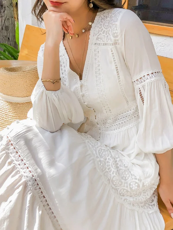 European and American - Style Simple and Elegant Maxi DressesFashionSierra - Women Cotton Patchwork Lace Dresses V-Neck Lantern Sleeve Maxi Dress European and American - Style Simple and Elegant Maxi DressesFashionSierra - Women Cotton Patchwork Lace Dresses V-Neck Lantern Sleeve Maxi Dress