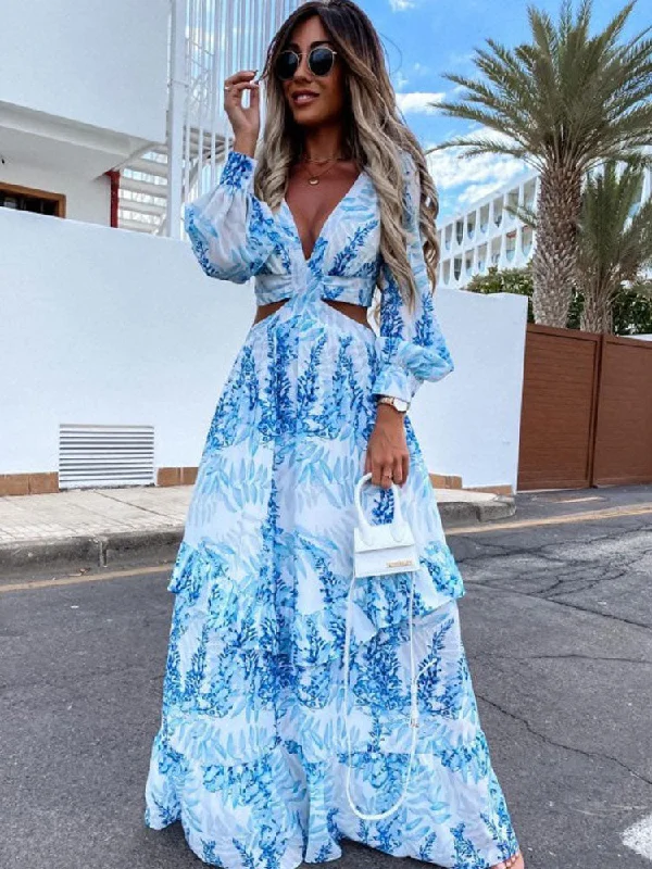 Maxi Dresses for Spring Outings in the CountrysideFashionSierra - V-Neck Backless Hollow Out Lantern Sleeve Maxi Dress Maxi Dresses for Spring Outings in the CountrysideFashionSierra - V-Neck Backless Hollow Out Lantern Sleeve Maxi Dress