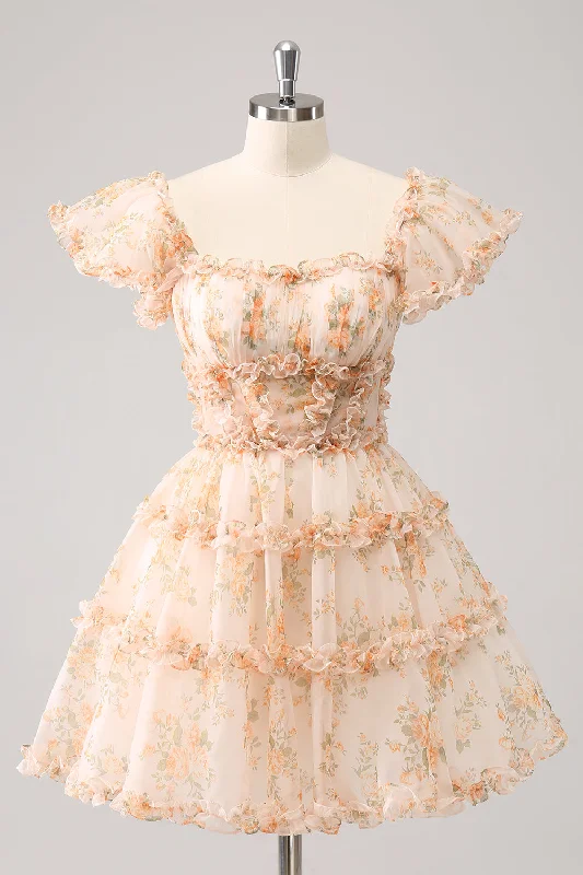 Dresses with Satin and Lace Trimmed Neckline and Ruffled Sleeves for Ladies' Sophisticated and Girly LookYellow A-Line Ruffled Tulle Floral Print Homecoming Dress Dresses with Satin and Lace Trimmed Neckline and Ruffled Sleeves for Ladies' Sophisticated and Girly LookYellow A-Line Ruffled Tulle Floral Print Homecoming Dress