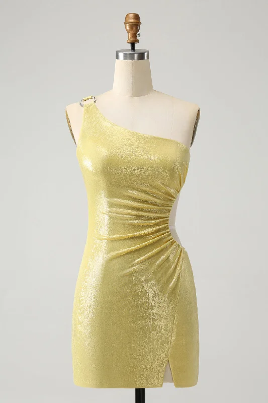 Dresses with Metallic Sequined Bodice for Ladies' Glamorous LookStylish Yellow Bodycon One Shoulder Short Homecoming Dress with Hollow Out Dresses with Metallic Sequined Bodice for Ladies' Glamorous LookStylish Yellow Bodycon One Shoulder Short Homecoming Dress with Hollow Out