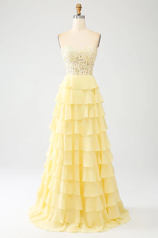 Dresses with Embroidered Tribal Patterns for Ladies' Cultural and Stylish LookYellow Sweetheart Tiered Long Prom Dress Dresses with Embroidered Tribal Patterns for Ladies' Cultural and Stylish LookYellow Sweetheart Tiered Long Prom Dress