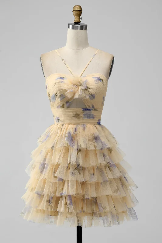 One Shoulder Dresses with Ruffled Sleeve for Ladies' Fashion StatementYellow A Line Halter Tiered Short Tulle Homecoming Dress One Shoulder Dresses with Ruffled Sleeve for Ladies' Fashion StatementYellow A Line Halter Tiered Short Tulle Homecoming Dress
