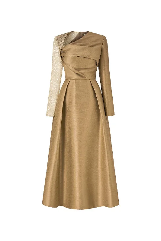 Midi dress for a beach vacation when paired with a swimsuit cover - upAarina Fit and Flare Asymmetric Neck Taffeta Midi Dress