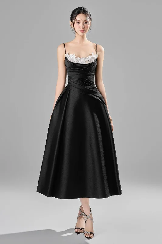 Midi dress for a shopping spree while remaining comfortable on your feetAlessa Fit and Flare Spaghetti Strap Taffeta Midi Dress Midi dress for a shopping spree while remaining comfortable on your feetAlessa Fit and Flare Spaghetti Strap Taffeta Midi Dress