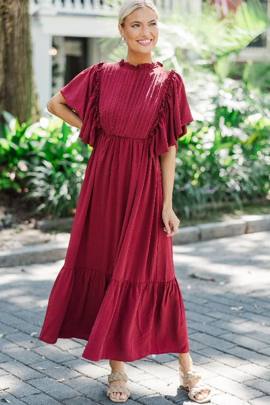 Off - the - shoulder midi dress for a flirty and romantic lookAll The Good Burgundy Red Ruffled Midi Dress Off - the - shoulder midi dress for a flirty and romantic lookAll The Good Burgundy Red Ruffled Midi Dress
