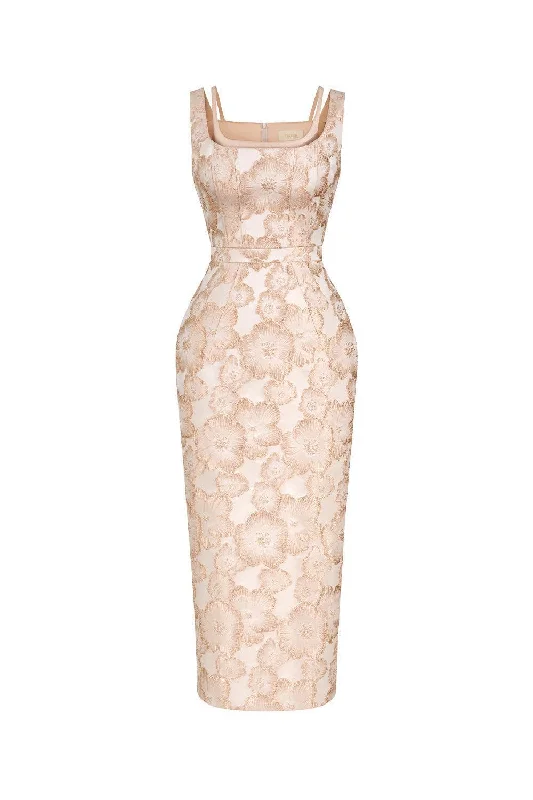 Off - the - shoulder midi dress for a flirty and romantic lookAmara Pegged Sleeveless Brocade Midi Dress Off - the - shoulder midi dress for a flirty and romantic lookAmara Pegged Sleeveless Brocade Midi Dress