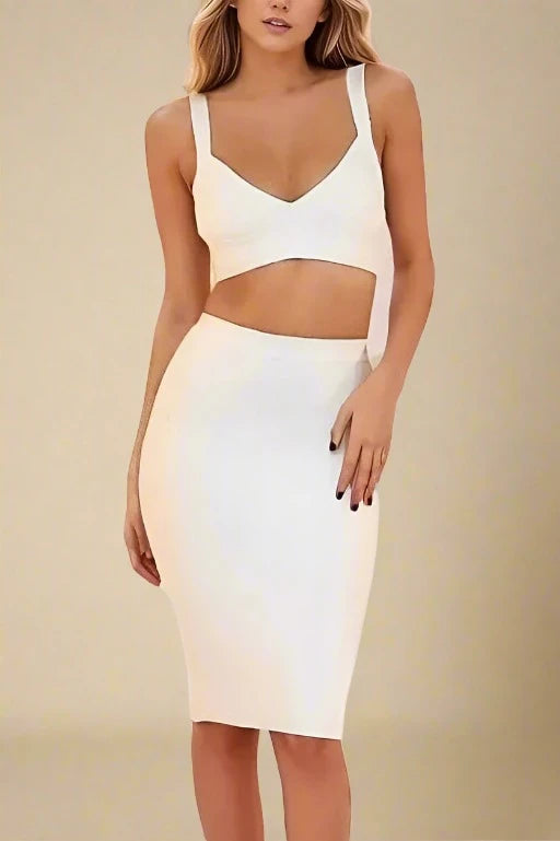 Party Dresses with Sequined Star Motifs and Sheer Sleeve for Ladies' Celestial and Elegant LookAng Bandage Top and Knee Length Skirt Set - Pearl White Party Dresses with Sequined Star Motifs and Sheer Sleeve for Ladies' Celestial and Elegant LookAng Bandage Top and Knee Length Skirt Set - Pearl White