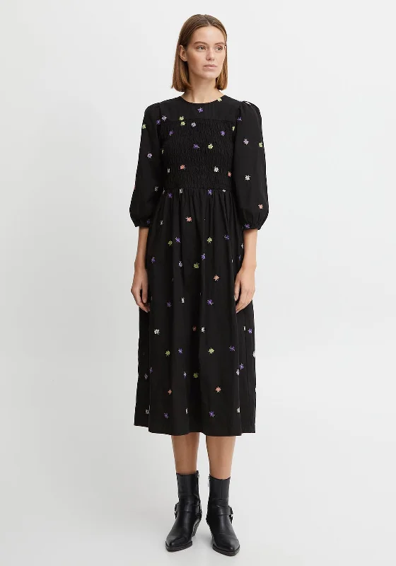 Appliqué - decorated midi dress for a unique and detailed styleb.young Embroidered Floral Midi Dress, Black