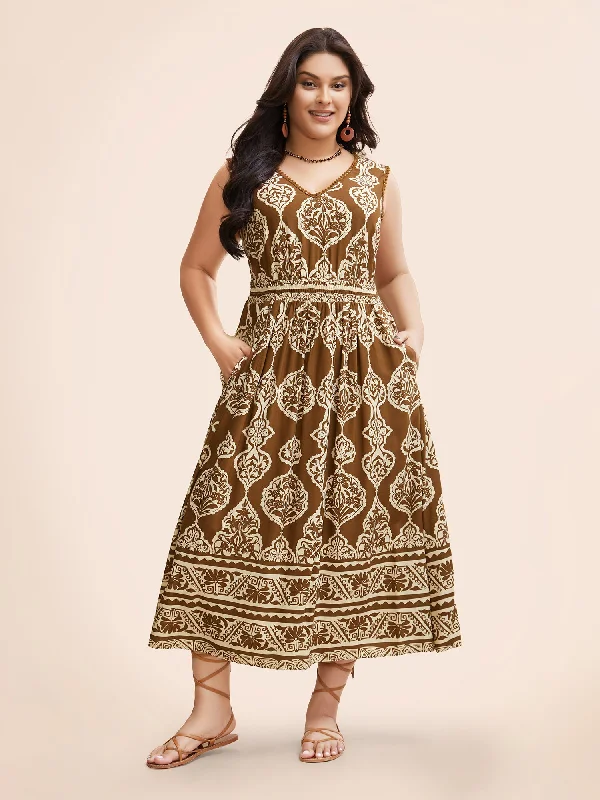 Midi dress for a family gathering in a casual settingBandana Shirred Pompom Trim Midi Dress