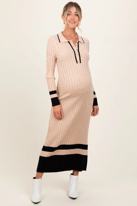 Midi dress for a gym session if it has sufficient stretchBeige Contrast Trim Knit Polo Maternity Midi Dress Midi dress for a gym session if it has sufficient stretchBeige Contrast Trim Knit Polo Maternity Midi Dress