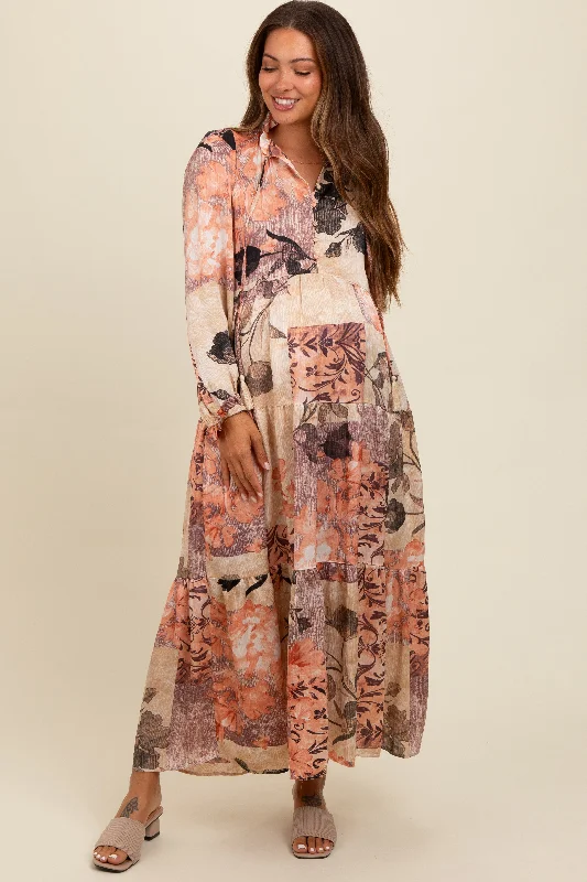 Turtleneck midi dress for a sophisticated and elegant styleBeige Patchwork Satin Tiered Button Front Maternity Midi Dress Turtleneck midi dress for a sophisticated and elegant styleBeige Patchwork Satin Tiered Button Front Maternity Midi Dress
