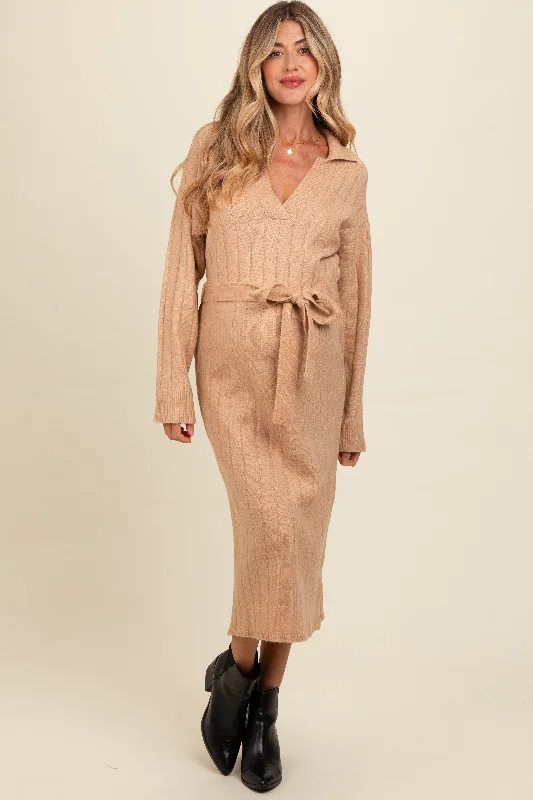 Knee - length midi dress for a versatile and appropriate lengthBeige Ribbed Sweater Collared Maternity Midi Dress Knee - length midi dress for a versatile and appropriate lengthBeige Ribbed Sweater Collared Maternity Midi Dress