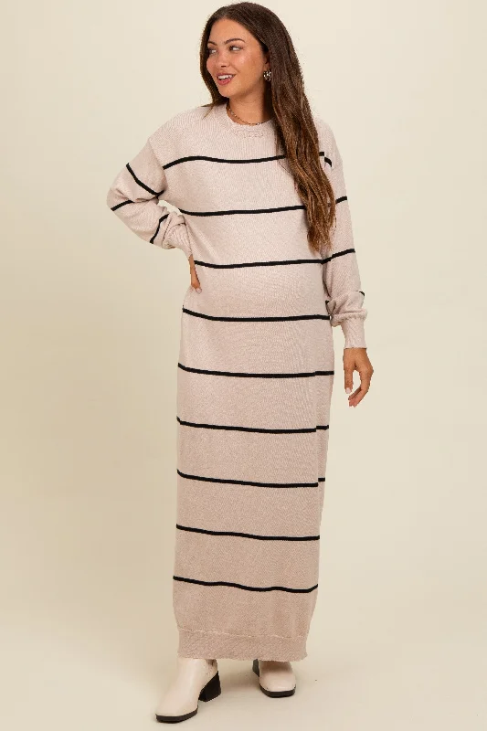 Midi dress for a movie night with a cozy sweater or jacketBeige Striped Knit Drop Shoulder Maternity Midi Dress