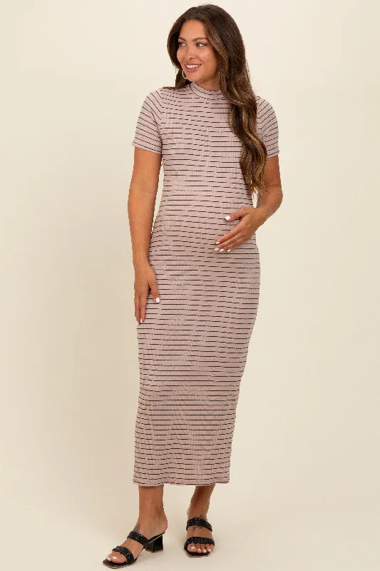 Midi dress for a countryside getaway for a laid - back and rustic lookBeige Striped Mock Neck Fitted Maternity Midi Dress Midi dress for a countryside getaway for a laid - back and rustic lookBeige Striped Mock Neck Fitted Maternity Midi Dress