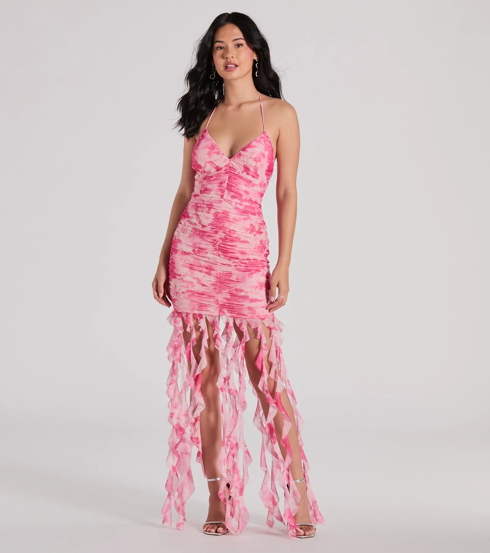 Party Dresses with Beaded Waistbands and Tiered Skirts for Ladies' Glamorous and Voluminous LookBelinda Halter Floral Rhinestone Ruffle Mini Dress Party Dresses with Beaded Waistbands and Tiered Skirts for Ladies' Glamorous and Voluminous LookBelinda Halter Floral Rhinestone Ruffle Mini Dress