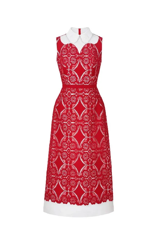 Square neck midi dress for a vintage - inspired charmBella A-line Collared Neck Lace Midi Dress Square neck midi dress for a vintage - inspired charmBella A-line Collared Neck Lace Midi Dress