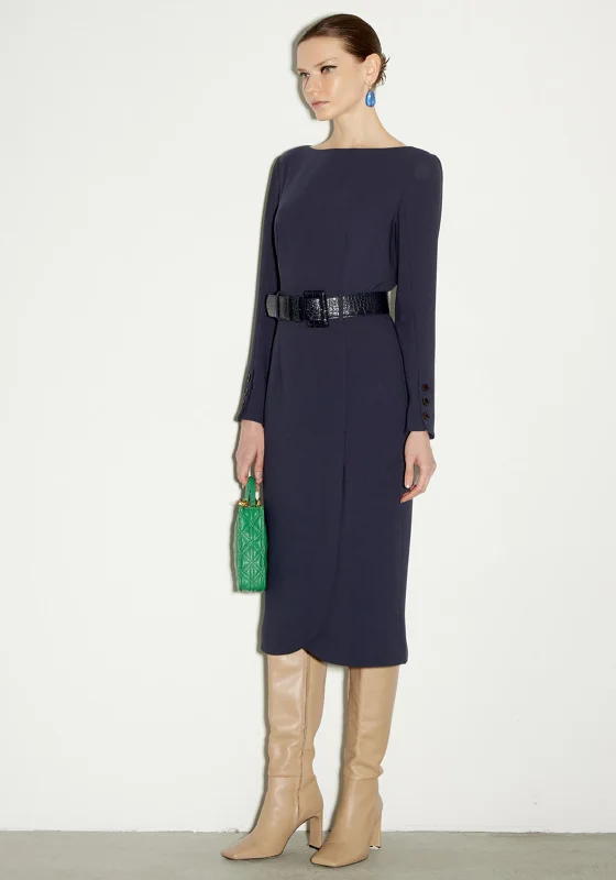 Lace - up midi dress for a trendy and adjustable lookBirelin Straight Midi Dress, Navy Lace - up midi dress for a trendy and adjustable lookBirelin Straight Midi Dress, Navy