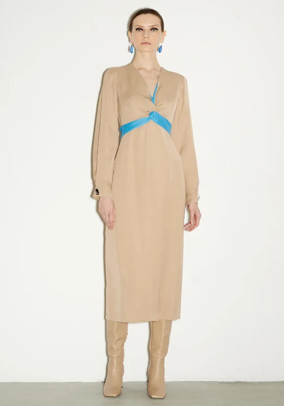 Fringe - trimmed midi dress for a playful and trendy appearanceBirelin V Neck Midi Dress, Beige & Blue Fringe - trimmed midi dress for a playful and trendy appearanceBirelin V Neck Midi Dress, Beige & Blue