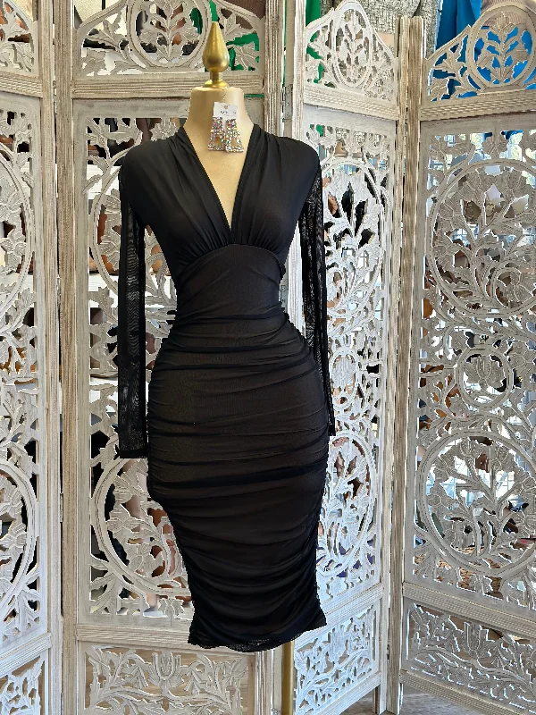 Long - train midi dress for a formal and dramatic lookBlack Crossed Mesh Midi Dress Long - train midi dress for a formal and dramatic lookBlack Crossed Mesh Midi Dress