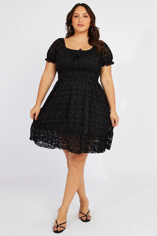 Party Dresses with High Neck and Embroidered Back for Ladies' Modest and Intricate LookBlack Fit And Flare Dress Short Sleeve Lace Party Dresses with High Neck and Embroidered Back for Ladies' Modest and Intricate LookBlack Fit And Flare Dress Short Sleeve Lace
