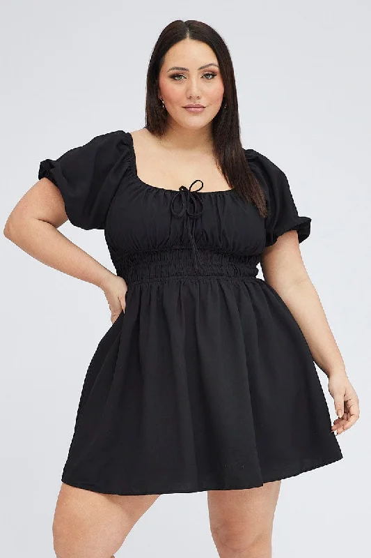 Printed Party Dresses with Abstract Patterns for Ladies' Modern Fashion SenseBlack Fit And Flare Dress Short Sleeve Shirred Printed Party Dresses with Abstract Patterns for Ladies' Modern Fashion SenseBlack Fit And Flare Dress Short Sleeve Shirred