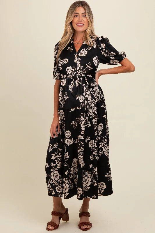 Luxury midi dress made from premium materialsBlack Floral Button Down Front Tie Maternity Midi Dress
