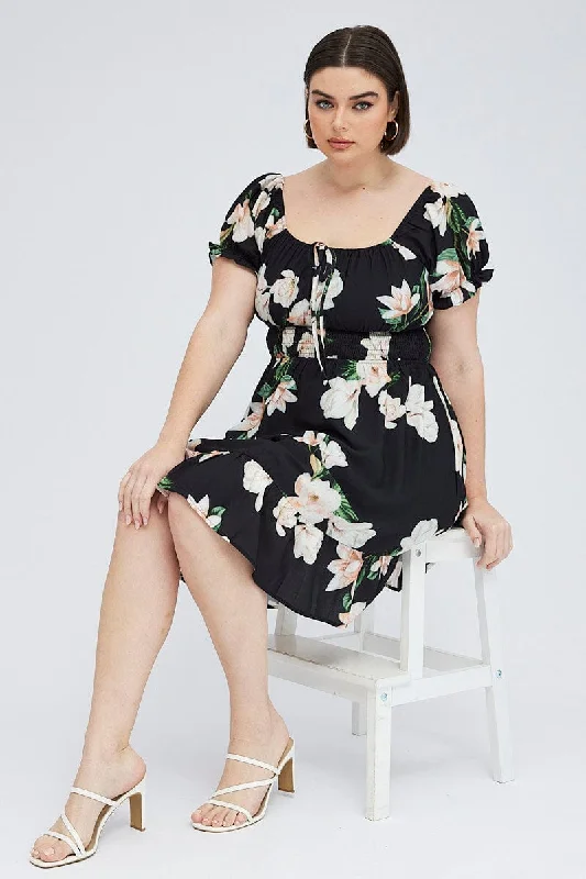 Party Dresses with Lace and Tulle Combo and Bow Accents for Ladies' Fairy Tale LookBlack Floral Mini Dress Short Sleeve Gathered Bust Party Dresses with Lace and Tulle Combo and Bow Accents for Ladies' Fairy Tale LookBlack Floral Mini Dress Short Sleeve Gathered Bust