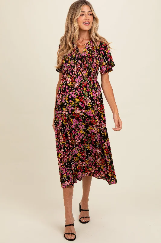 Midi dress for a school event such as a sports day or field tripBlack Floral Smocked Button Up Maternity Midi Dress Midi dress for a school event such as a sports day or field tripBlack Floral Smocked Button Up Maternity Midi Dress