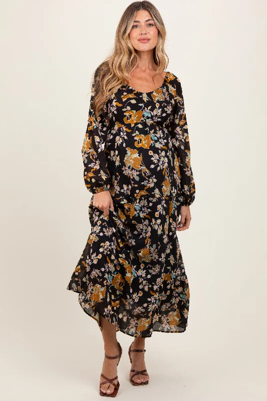 Midi dress for a night out at a club or partyBlack Floral V-Neck Long Sleeve Maternity Midi Dress Midi dress for a night out at a club or partyBlack Floral V-Neck Long Sleeve Maternity Midi Dress