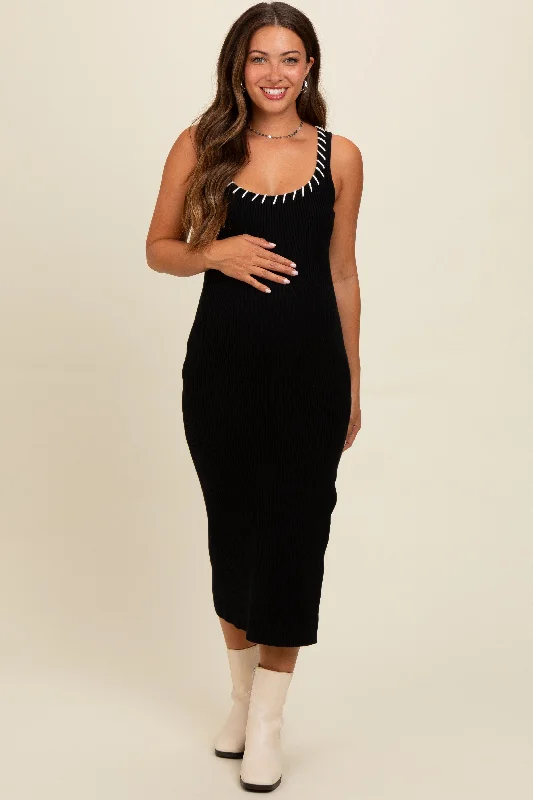 Cut - out midi dress for a daring and edgy lookBlack Knit Contrast Stitch Detail Maternity Midi Dress