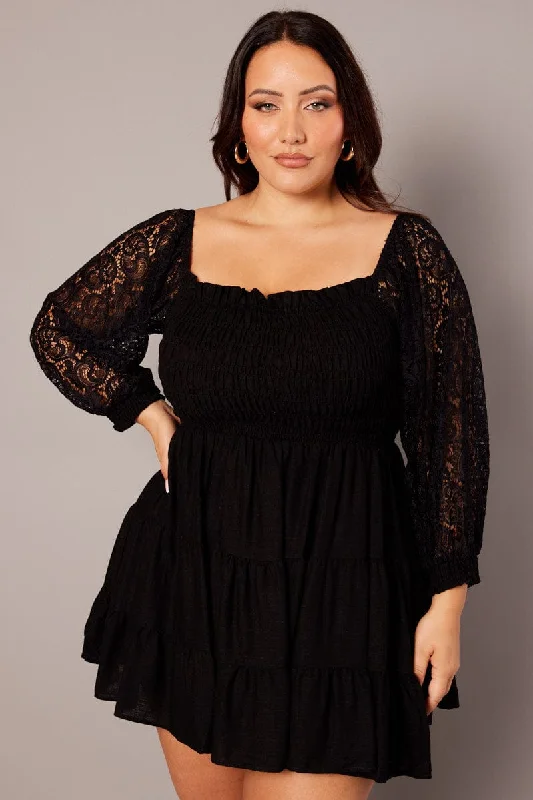 Party Dresses with Ruffled Sleeves and High Neck for Ladies' Dramatic and Elegant LookBlack Lace Sleeve Shirred Mini Dress Party Dresses with Ruffled Sleeves and High Neck for Ladies' Dramatic and Elegant LookBlack Lace Sleeve Shirred Mini Dress