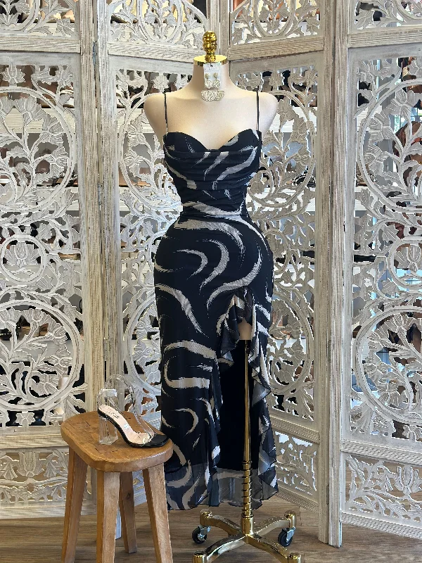 Party Dresses with Embroidered Party Animals and Colorful Sequins for Ladies' Themed Party FunBlack Marble Ruffle Dress-Estira, Stretchy Party Dresses with Embroidered Party Animals and Colorful Sequins for Ladies' Themed Party FunBlack Marble Ruffle Dress-Estira, Stretchy