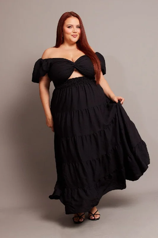 Party Dresses with Bell Sleeves and Ruffled Hem for Ladies' Retro CharmBlack Maxi Dress Short Sleeve Twist Front Party Dresses with Bell Sleeves and Ruffled Hem for Ladies' Retro CharmBlack Maxi Dress Short Sleeve Twist Front
