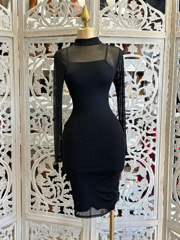Button - down denim midi dress for a casual and laid - back lookBlack Mesh Mock Neck Midi Dress Button - down denim midi dress for a casual and laid - back lookBlack Mesh Mock Neck Midi Dress