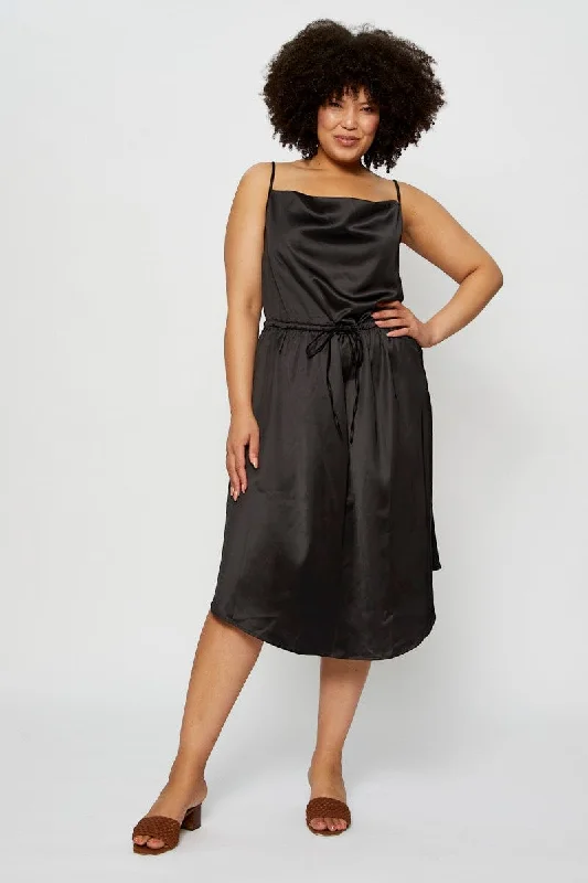 Party Dresses with Ruffled Sleeveless Top and Embroidered Skirt for Ladies' Dramatic and Artistic LookBlack Midi Satin Dress Cowl Neck Sleeveless Party Dresses with Ruffled Sleeveless Top and Embroidered Skirt for Ladies' Dramatic and Artistic LookBlack Midi Satin Dress Cowl Neck Sleeveless